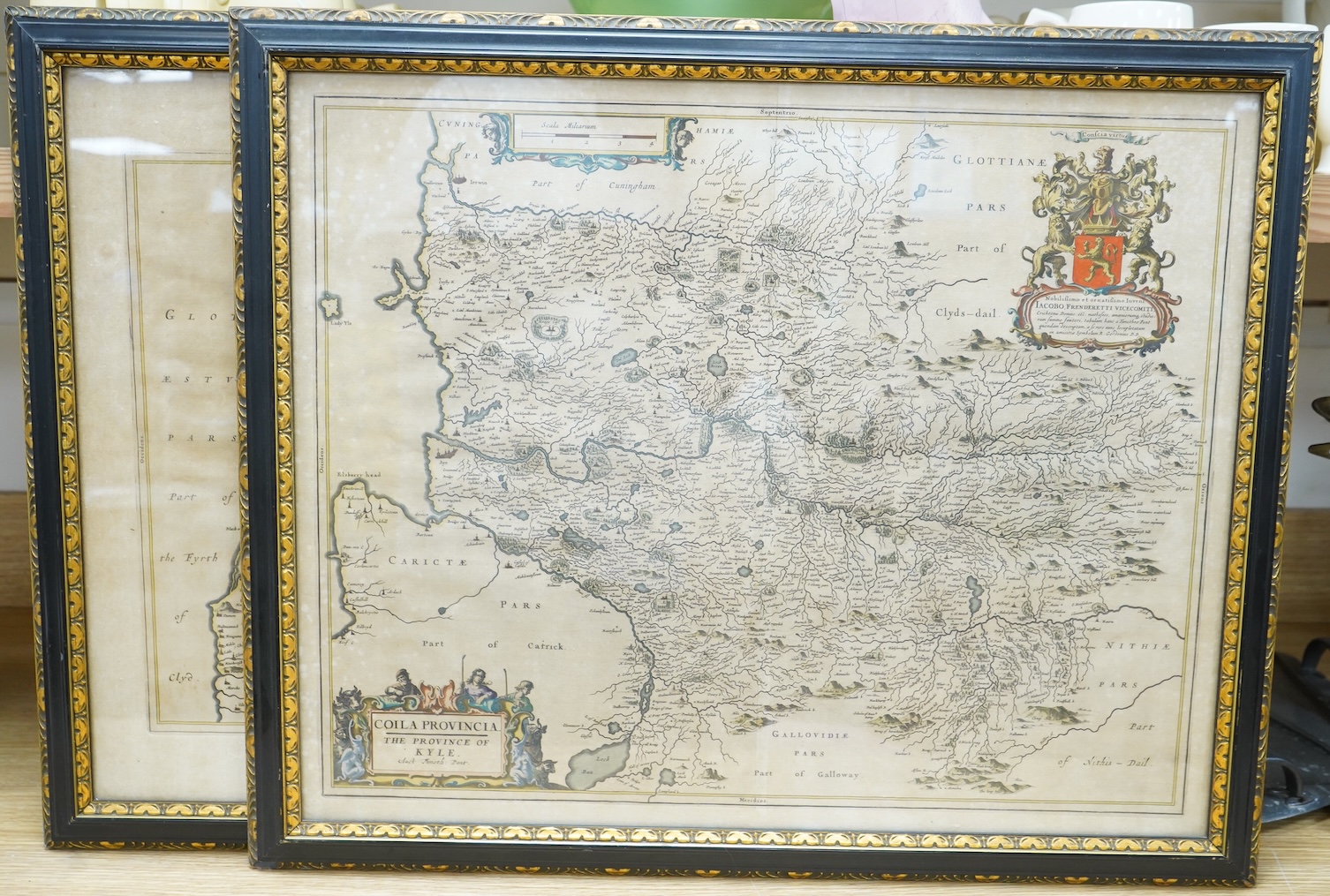 Joan Blaeu (Dutch, 1596-1673), ‘The Province of Kyle’ and the ‘South Part of Carrick’, pair of hand coloured engraved maps, 45 x 56cm